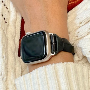 Apple Watch Band - Black Leather iWatch Strap Bracelet for 46mm 42mm 40mm 44mm 41mm 45mm, Slim Women’s Wear Band, Gift for Her