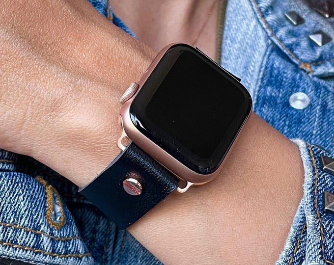 Luxury Handcrafted Eco-Friendly Black Leather Apple Watch Band -  Durable, Stylish for All Series - Rose Gold Accents - Unique iWatch Strap