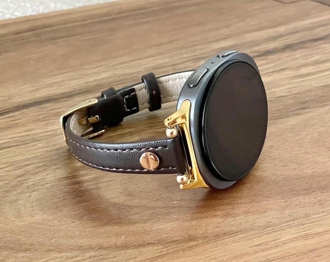 Galaxy Watch 8 Leather Band - Slim Adjustable Bracelet Strap, Silver or Gold (Classic Compatible)