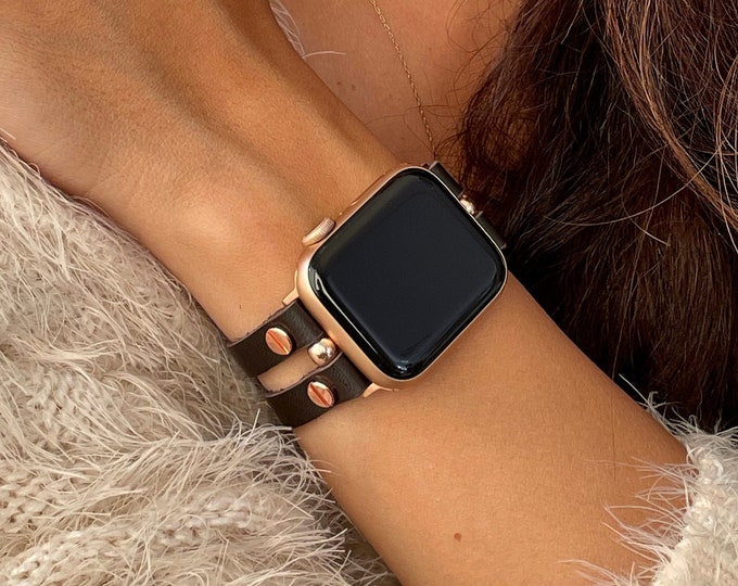 Brown Leather & Pink Gold Apple Watch Band, Women Watch Strap, Italian Leather Bracelet, Unique Double Straps Watch Band,  Mother's Day Gift
