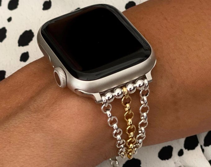Two Tone Apple Watch Band for Women,  Sterling Silver & Gold Filled Rolo Chain Bracelet
