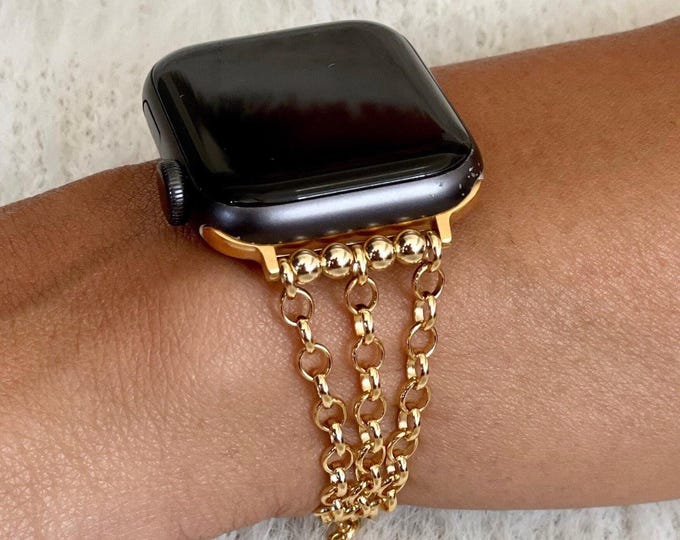 Gold Filled Rolo Chain Apple Watch Band Bracelet for Women, Triple Strand Strap