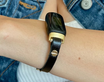 Fitbit Inspire 3 Band, Slim Black Leather Bracelet, Women Fitbit Inspire 3 Strap, Gold Fitbit Inspire 3 Activity Tracker Band, Fitbit Bands