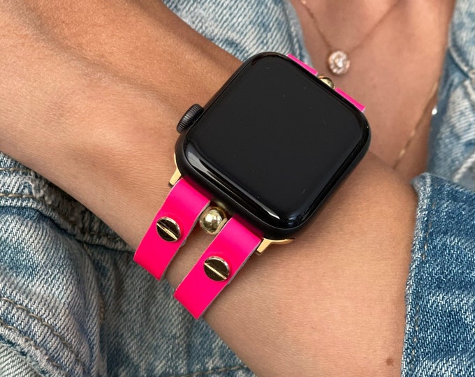 Pink Leather Apple Watch Band Gold Accents, 38mm 40mm 41mm 42mm 44mm 45mm 49mm Ultra, Women Apple Watch Strap Bracelet, Gift For Her