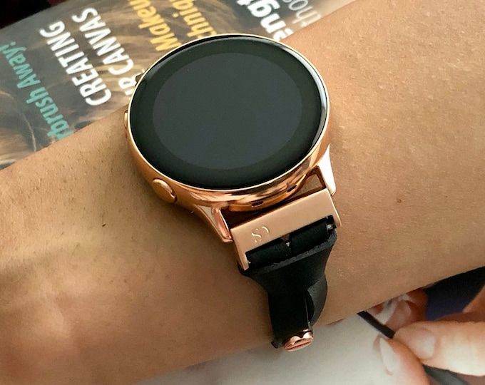 Rose Gold & Black Leather Galaxy Watch Active 40mm Bracelet Strap Adjustable Samsung Galaxy Watch Active Band Slim Jewelry Wristband