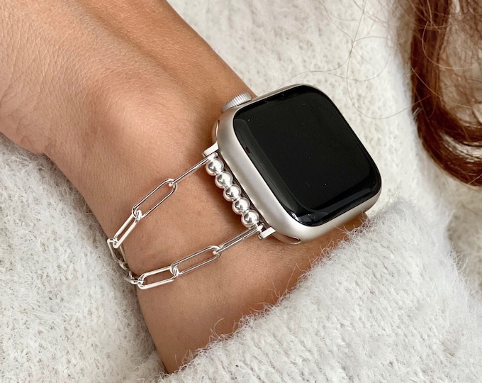 Sterling Silver Apple Watch Band 42mm 46mm 41mm 45mm 40mm 44mm 38mm Ultra 2, Paperclip Chain Bracelet, Luxury Gift for Her, Women's jewelry