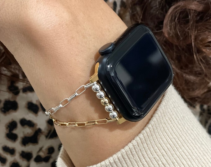Two Tone Apple Watch Band: Sterling Silver & Gold Filled Chain Mix Metals Bracelet