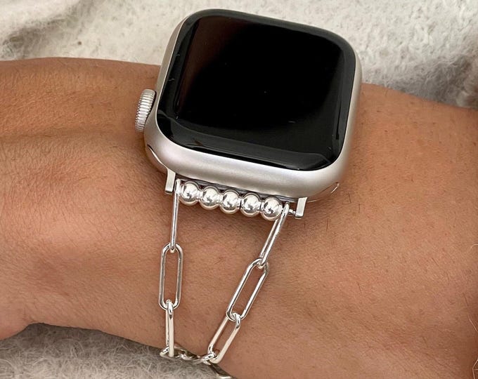Sterling Silver Paperclip Chain Apple Watch Band for Women, Adjustable Strap Bracelet