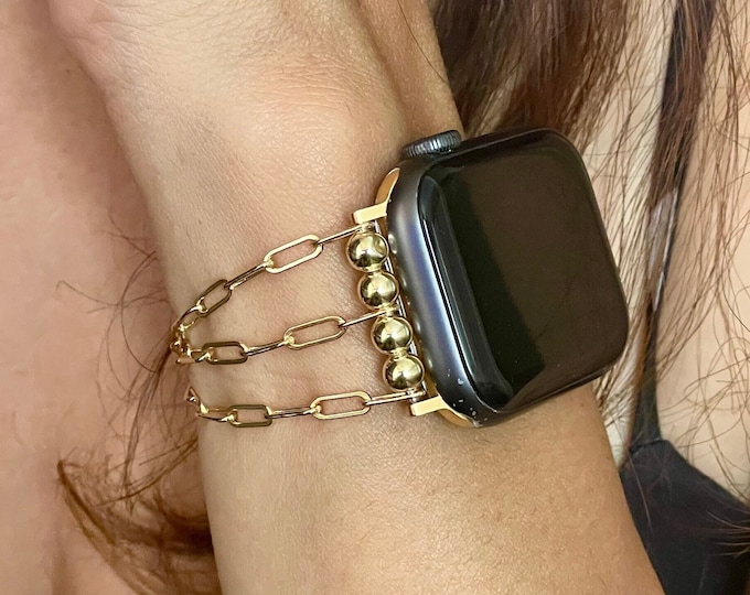 Apple Watch Band - Elegant Gold Paperclip Chain Luxury iWatch Strap, 14K Gold Filled Bling Women’s Bracelets