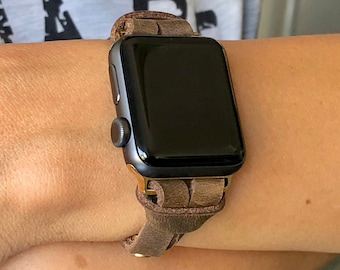 Rustic Leather Apple Watch Band Women iWatch Strap Bracelet, Slim Distressed Leather Watch Bands Bracelet BoHo Apple Watch Gold Accents Band