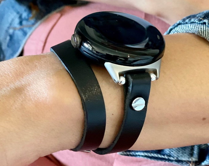 Double Wrap Google Pixel Watch Band Slim Black Genuine Leather, Google Watch Bracelet, Pixel Watch Strap, Women Wear Minimalist Jewelry