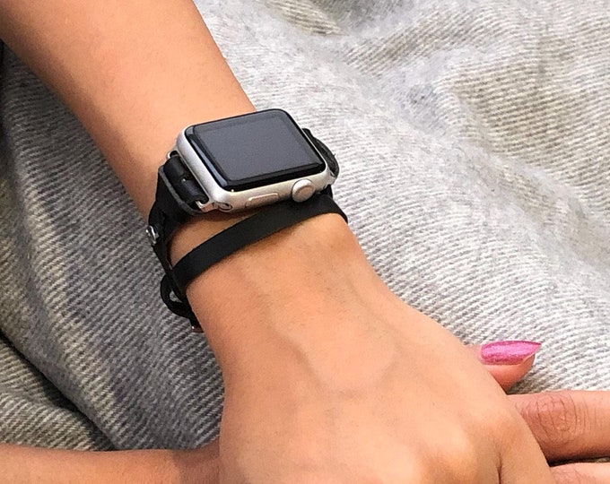 Handmade Apple Watch Slim Double Wrap Band for Women, iWatch Black Leather Strap Bracelet Silver Accents, Apple Watch Jewelry, Gift for Her