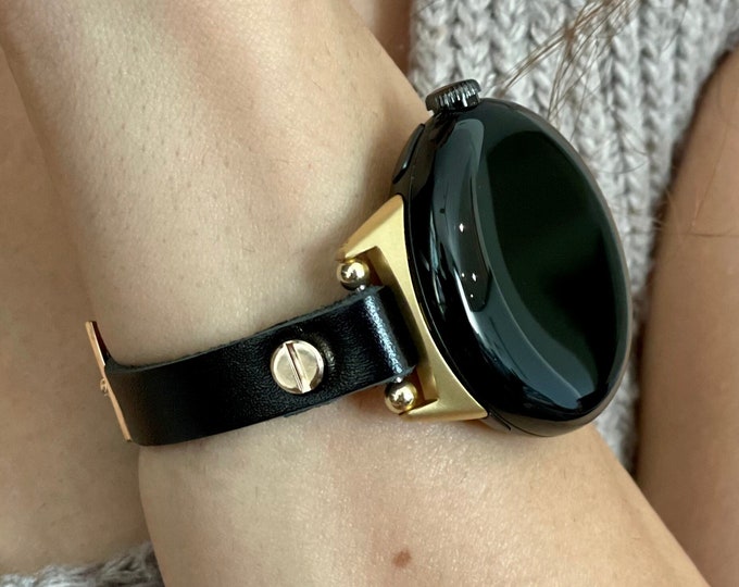 Black Leather Google Pixel Watch Band: Handmade Jewelry Strap, Gold Accents Bracelet