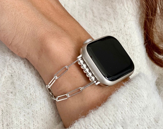 Featured listing image: Sterling Silver Apple Watch Band, Apple Watch Strap, Apple Watch Bands, iWatch Band, Paperclip Chain, Women Jewelry, Silver Gift For Her