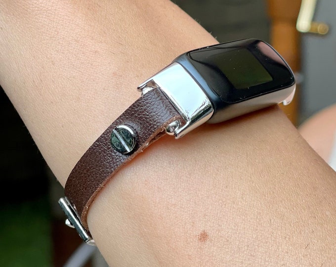Slim Chocolate Brown Leather Fitbit Luxe Band Silver Accents Handmade Fitbit Luxe Bracelet Sustainable Vegan Leather Modern Accessory