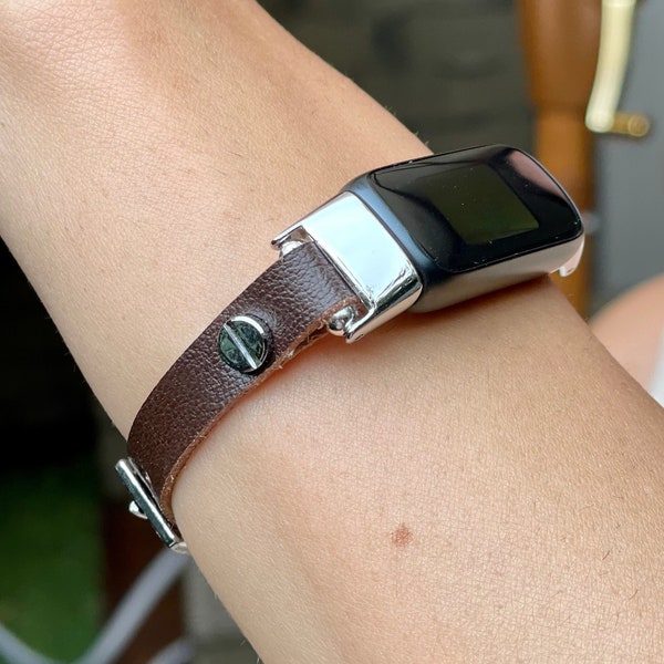 Slim Chocolate Brown Leather Fitbit Luxe Band Silver Accents Handmade Fitbit Luxe Bracelet Sustainable Vegan Leather Modern Accessory