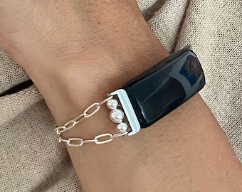 Luxus 925 Sterling Silber Paperclip Kettenarmband für Fitbit Inspire 2 Aktivitätstracker, Frauen Style Schmuck Strap, tragbares Tech Armband