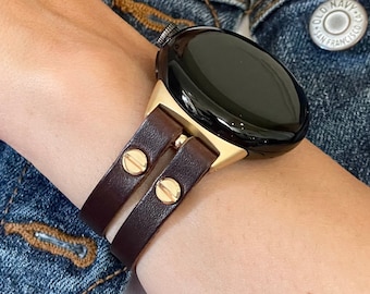 Google Pixel Watch Band: Dark Brown Italian Leather Double Strap, Gold Accents Bracelet