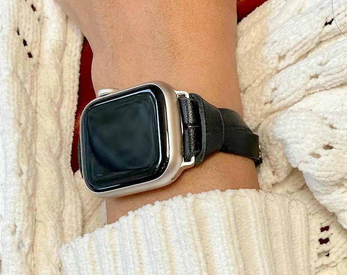 Black Leather Apple Watch Band, 38mm 40mm 41mm 42mm 44mm 45mm, iWatch Band, Slim Watch Bands, Women Style Apple Watch Bracelet Band