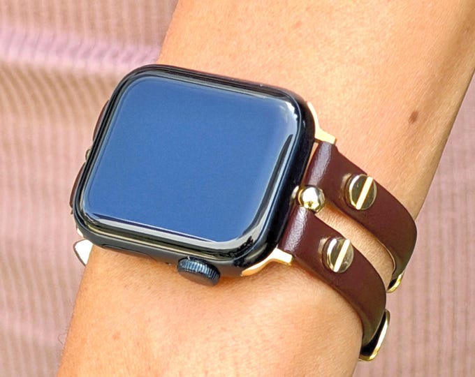 Double Strap Brown Leather Apple Watch Band, Gold Accents Bracelet for Women