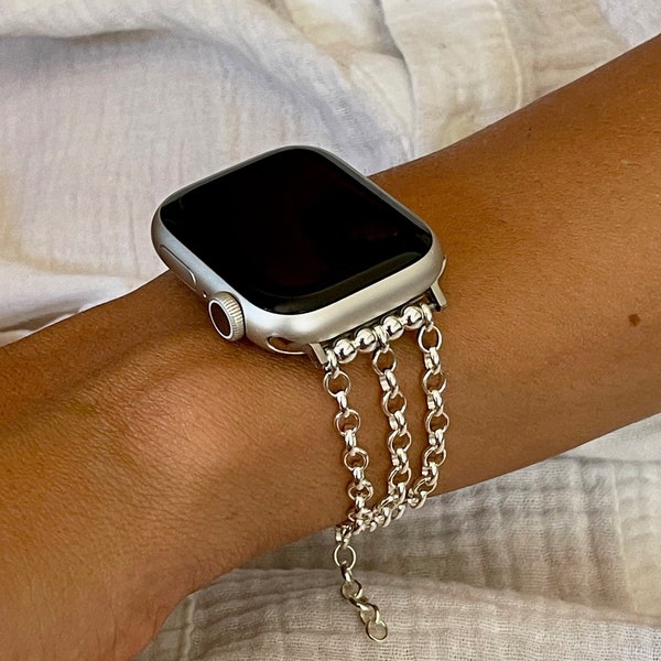 Luxury Sterling Silver Apple Watch Chain Bracelet, iWatch Band Jewelry, Women Apple Watch Band, 38mm 40mm 41mm 42mm 44mm 45mm iWatch Bands