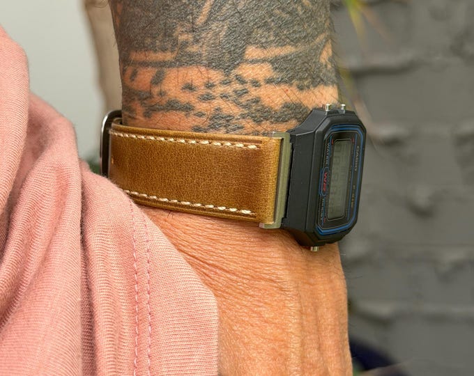 Vintage Tan Watch Band for Casio F91W-1, Genuine Leather Strap, Adjustable Size Bracelet