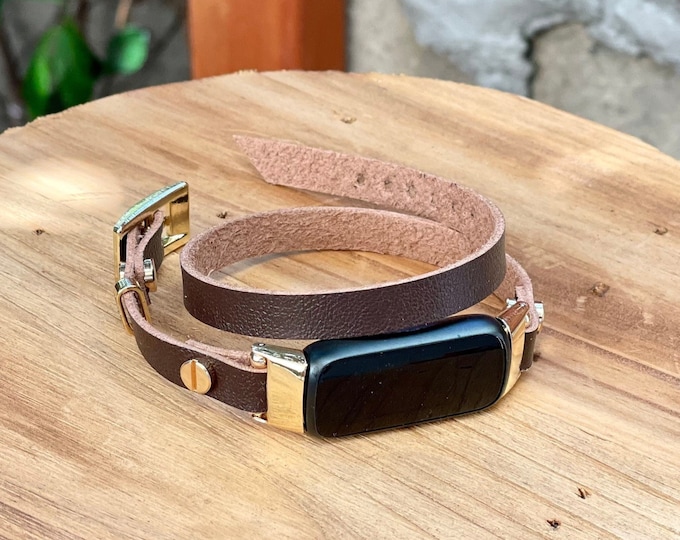 Eco-Friendly Leather Fitbit Luxe Band, Soft Gold Fitbit Luxe Bracelet, Double Wrapped Fitbit Luxe Strap, Chocolate Brown Vegan Leather Band