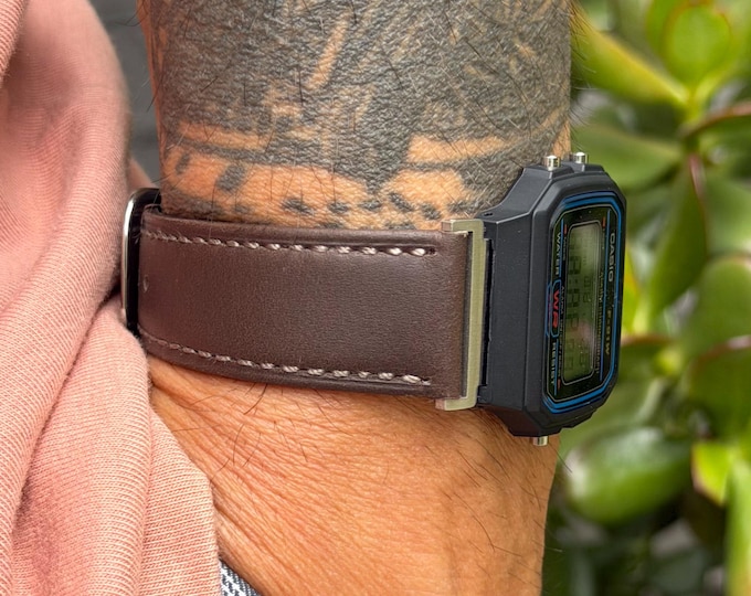 Genuine Leather Watch Band for Casio F91W-1, Dark Brown Strap, Adjustable Size Bracelet