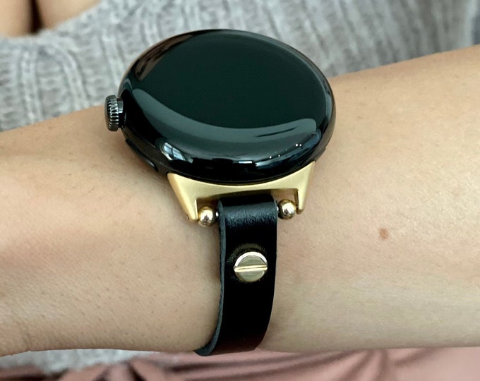 Google Pixel Watch Band Slim Black Genuine Leather Pixel Watch Bracelet Elderly Women Style Watch Strap Classy Senior Jewelry Watch Bands