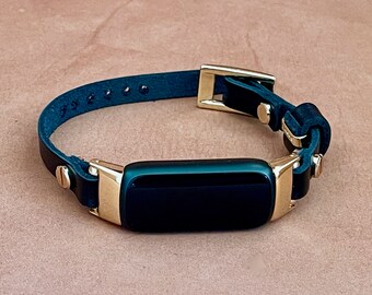 Black Leather Fitbit Luxe Band: Gold Accent Adjustable Bracelet