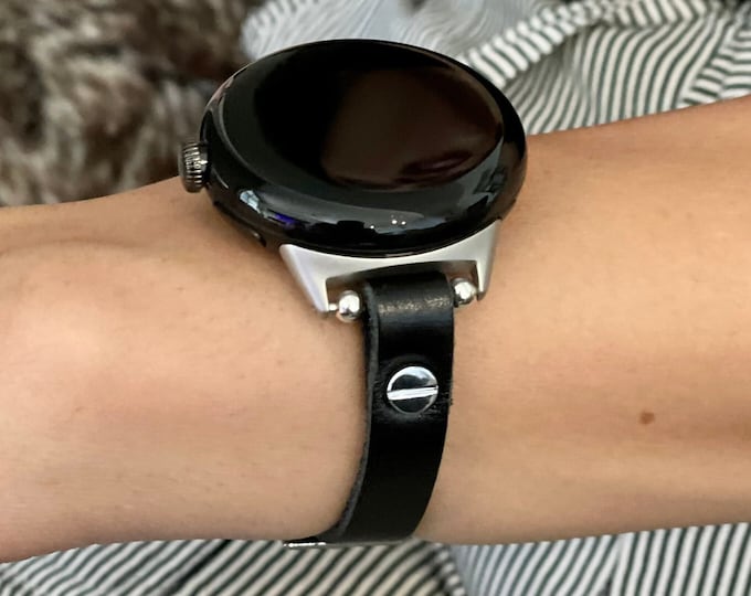 Google Pixel Watch 2 Band Slim Black Genuine Leather & Silver Accents Google Pixel Watch 2 Bracelet, Pixel Watch Strap, Slim Watch Straps