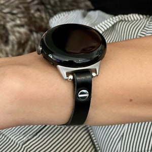 Google Pixel Watch 2 Band Slim Black Genuine Leather & Silver Accents Google Pixel Watch 2 Bracelet, Pixel Watch Strap, Slim Watch Straps