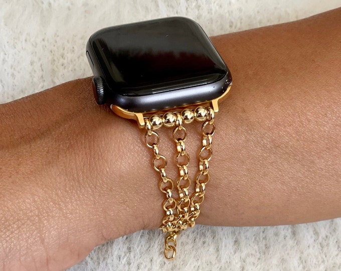 Solid 14K Gold Filled Chain Apple Watch Bracelet, Women iWatch Band, Triple Strand Style Luxury Watch Jewelry,  Waterproof iWatch Strap,