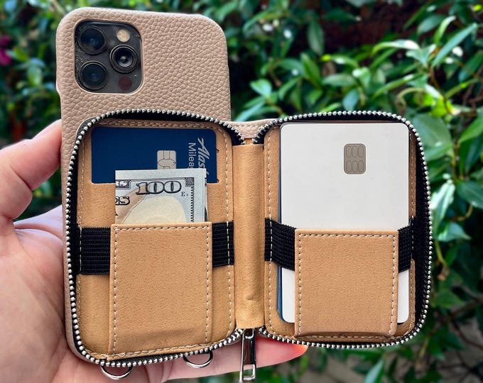 Personalized Grain Leather Phone Case for iPhone 16 15 14 13 12 Pro Plus Max, Zipper Card Wallet, Crossbody Shoulder Strap, Gift for Her