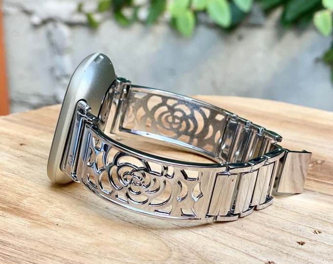 Floral Design Silver Fitbit Versa 4 Band Heart Charm Women Watch Bangle, Fitbit Versa 3 Band, Fitbit Sense 2 Band, Adjustable Links Bands
