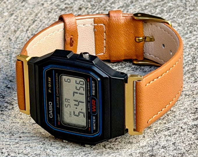 Brown Watch Band for Casio F91W-1, Genuine Leather Strap, Adjustable Size Bracelet