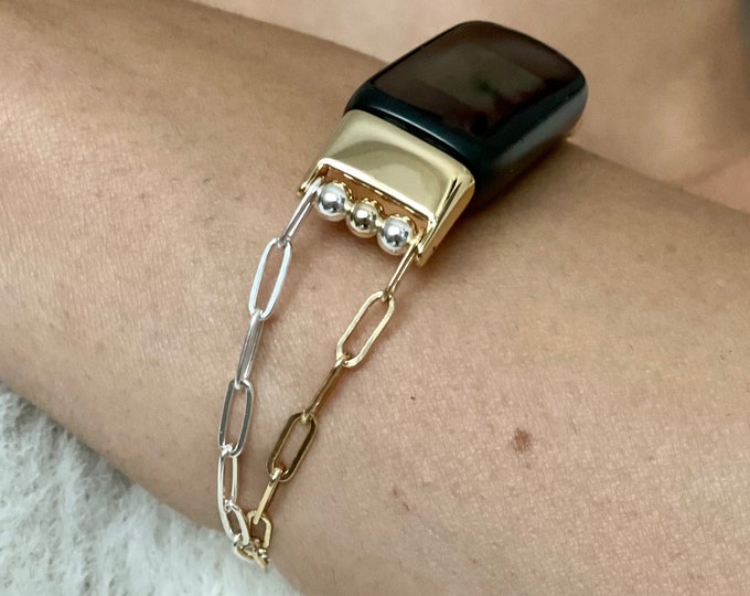 Two Tone Fitbit Luxe Band Gold & Silver Paperclip Chain Bracelet Women Fitbit Luxe Strap Band Dainty Fitbit Luxe Jewelry Handmade Luxe Band