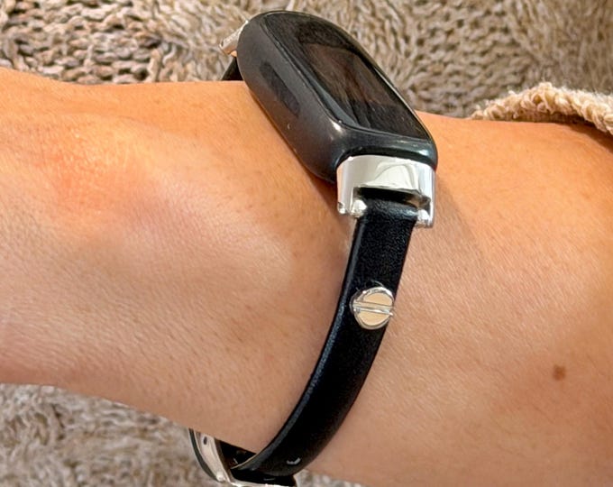 Slim Black Genuine Leather Fitbit Luxe Band Silver Accents Strap for Women