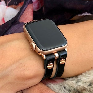 Black Leather Apple Watch Band iWatch Strap Bracelet 40mm 41mm 44mm 45mm Women Smart Watch Bands Wearable Tech Straps Smartwatch Bracelets