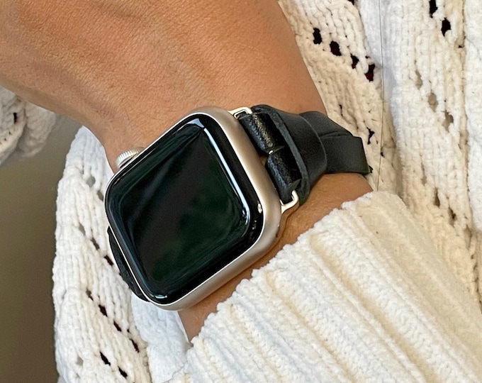 Black Leather Apple Watch Band 46mm 42mm 38mm 40mm 41mm 44mm 45mm, iWatch Strap for Woman, Slim Apple Watch Bracelet, Gift for Her Jewelry