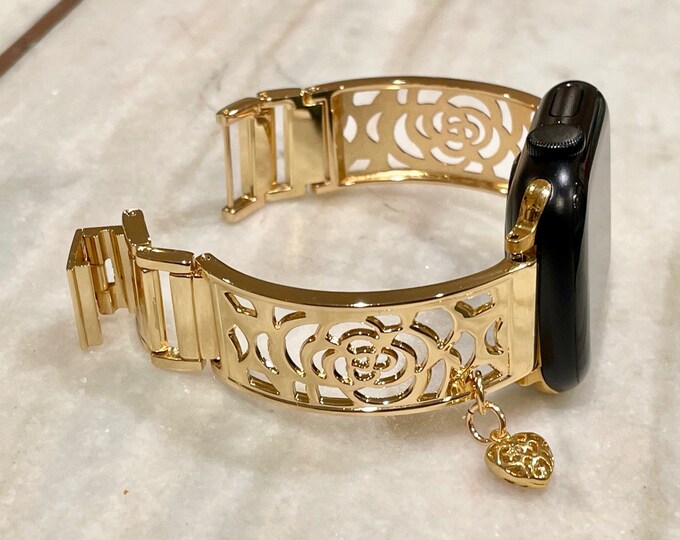 Gold Apple Watch Band 42mm 46mm 38mm 40mm 41mm 44mm 45mm, Women Floral Design Heart Charm Bracelet, Gift for Her Jewelry, Mother's Day Gift