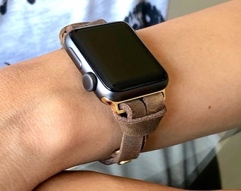 Rustic Brown Leather Apple Watch Band Slim Strap Bracelet 38mm 40mm 41mm 42mm 44mm 45mm Women iWatch Bracelet Vintage Leather & Gold Accents