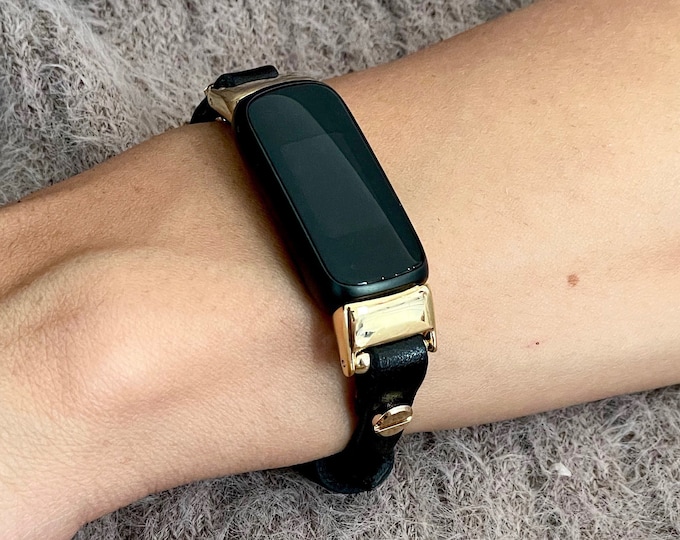 Slim Black Leather Fitbit Luxe Band Gold Fitbit Luxe Bracelet Adjustable Fitbit Luxe Wristband Women Fitbit Luxe Jewelry