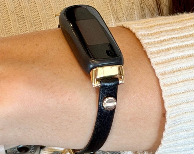 Slim Black Leather Fitbit Luxe Band Gold Accent Adjustable Bracelet