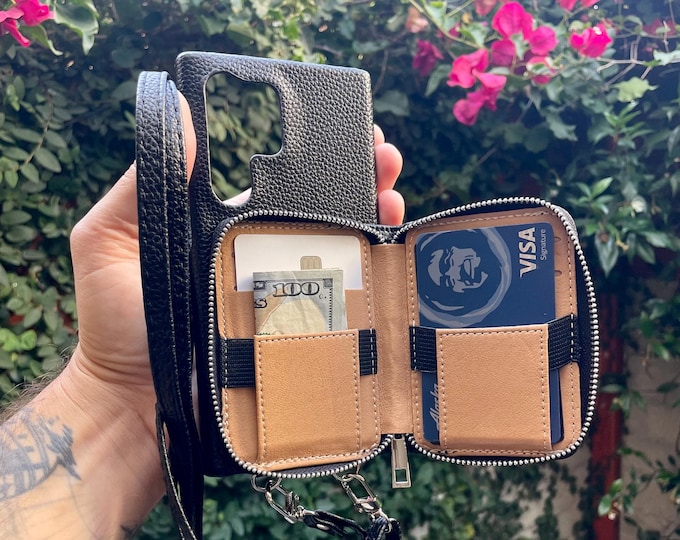 Personalized Crossbody Shoulder Strap Phone Case for Samsung Galaxy S25 S24/S23/S22/S21 Plus Ultra FE - Grain Leather Zipper Card Wallet