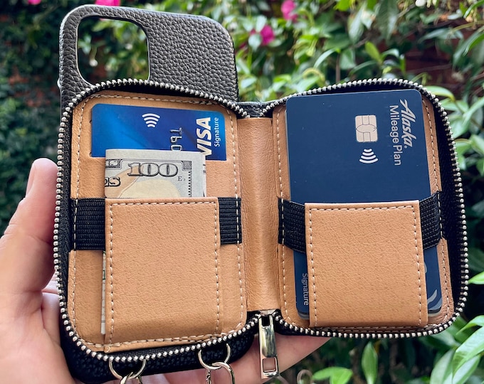 Crossbody Shoulder Strap Phone Case for iPhone 12/13/14/15/16 Pro Plus Max - Personalized Phone Case - Elegant Grain Leather Zipper Wallet
