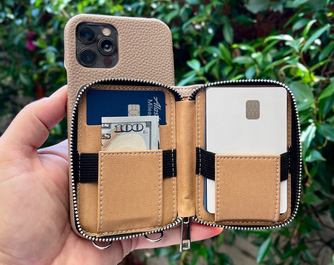Grain Leather Crossbody Shoulder Strap Phone Case for iPhone 16 15 14 13 12 Pro Plus Max - Personalized Phone Case - Zipper Card Wallet Case