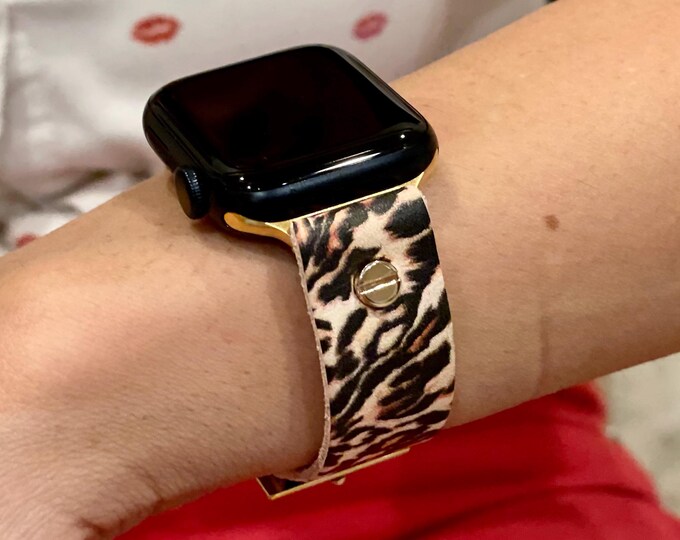 Leopard Print Apple Watch Band for Women, Gold Accents iWatch Strap Bracelet for 38mm 40mm 41mm 42mm 44mm 45mm 46mm Ultra 2, Gift For Her