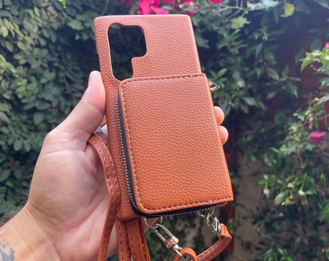 Personalized Crossbody Phone Case for Samsung Galaxy S24/S23/S22/S21 - Plus Ultra FE - Grain Leather Shoulder Strap Zipper Card Wallet Case