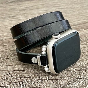 BoHo Style Apple Watch Leather Strap Band, 38 40 41 42 44 45 mm, Multi Wrap Black iWatch Bracelet, Replacement Slim Watchband  for Women